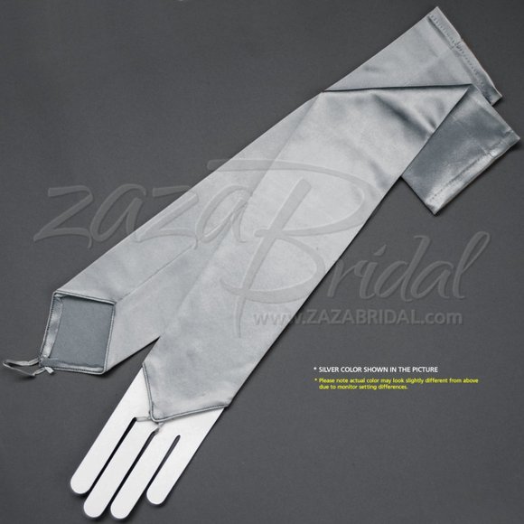 Shiny Stretch Satin Fingerless Gloves Opera Length 16BL - Silver - Picture 1 of 16